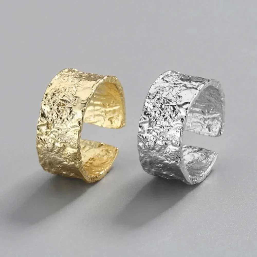 Minimalist 925 Sterling Silver Chunky Foil Textured Wide Ring Stackable Ring